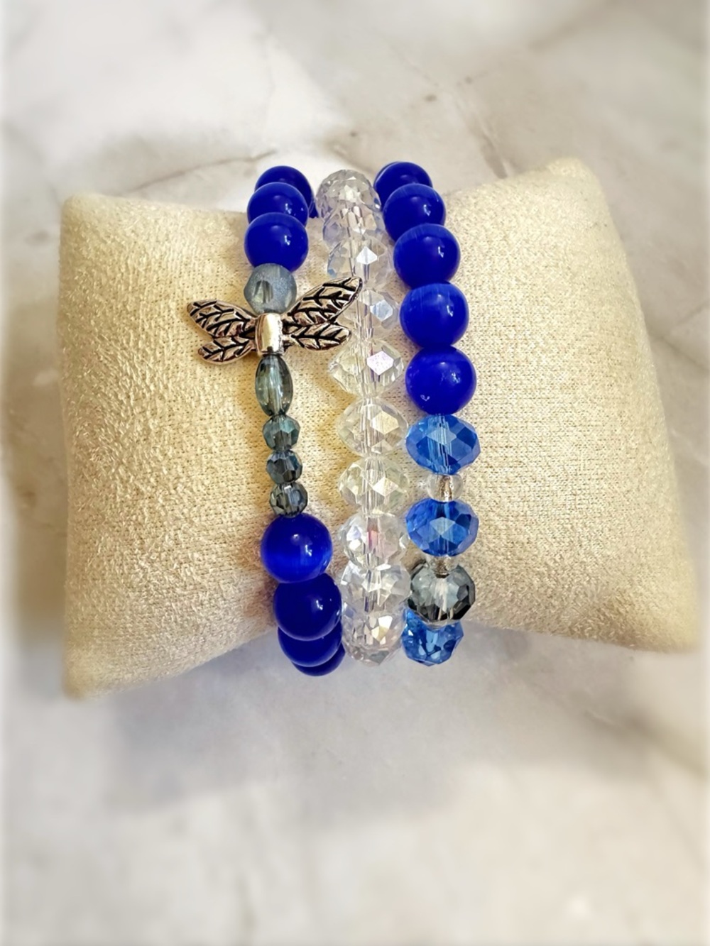 Blue Crystal Bracelet Stack Dragonfly Charm Transformation Jewelry Set
